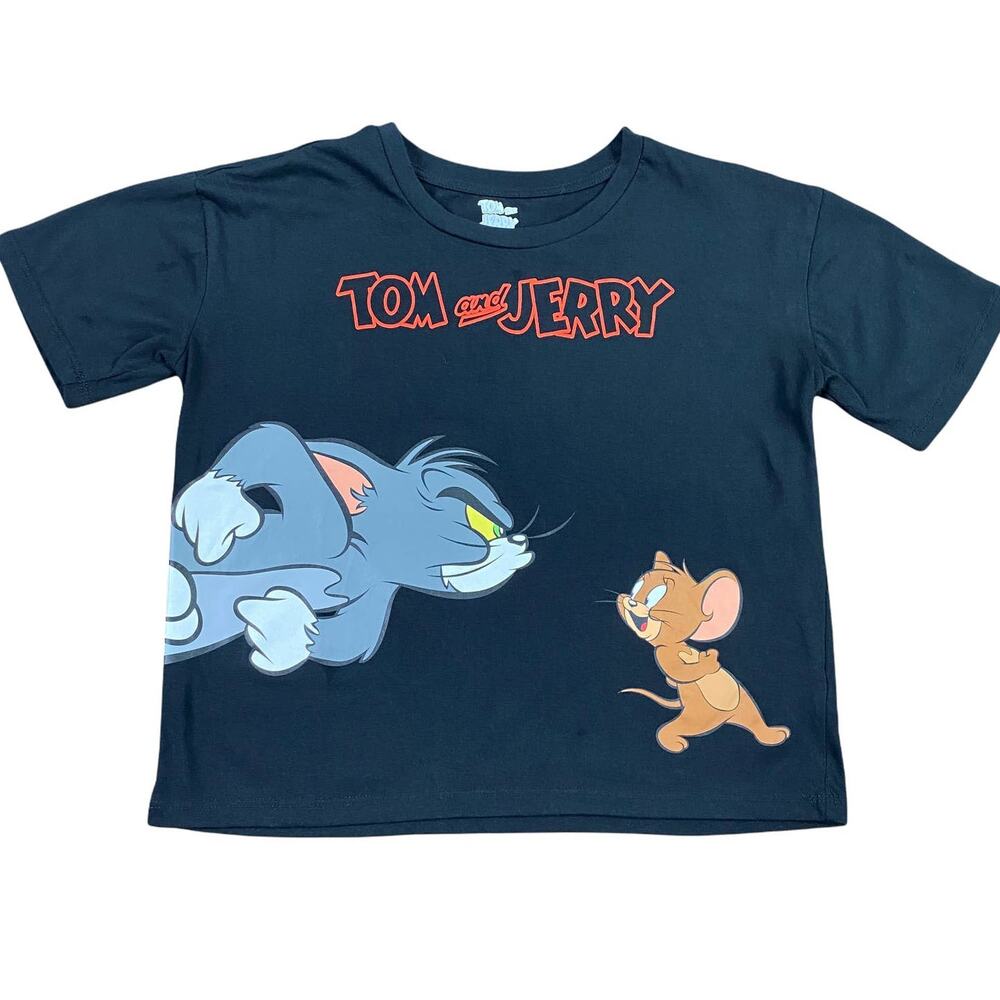 Tom & Jerry Black Cropped Graphic Tee | Short Sleeve Crew Neck Juniors S